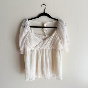 Bohme Cream Whimsical Gathering Gauzy V Neck Short Sleeve Blouse Medium